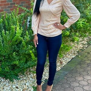 NWT Grace Karin Sequin Wrap Blouse - Gold Small